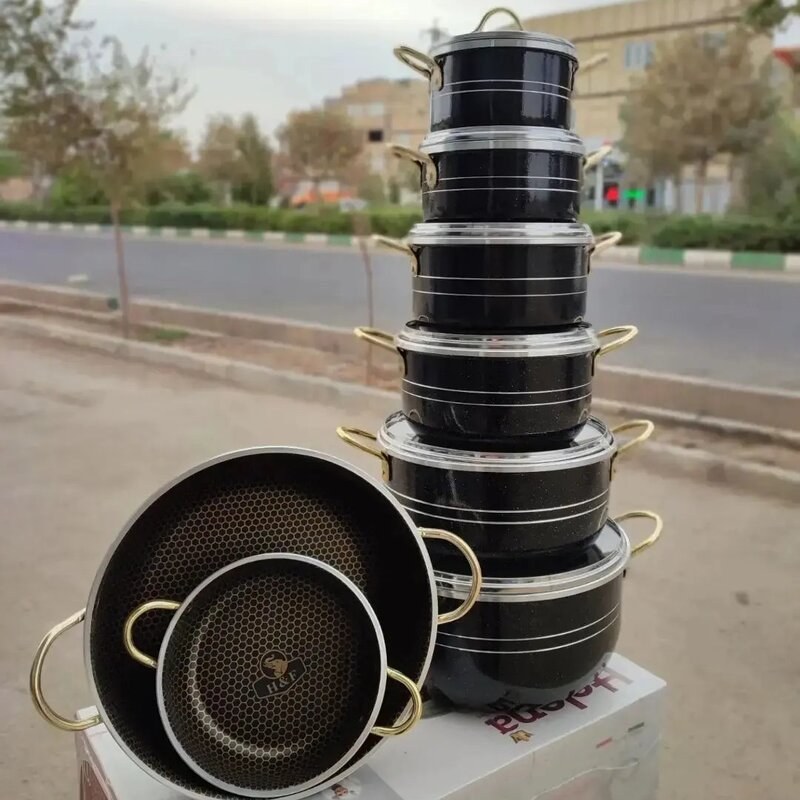 سرویس قابلمه بکتر ۱۴ پارچه دسته طلائی داخل زنبوری